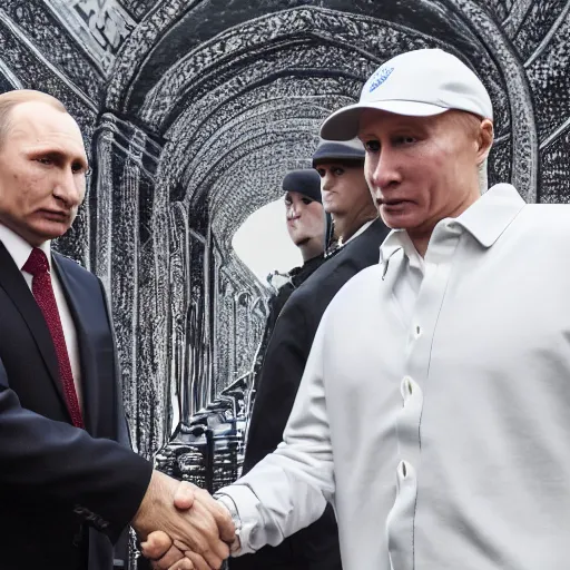 Image similar to cinematic shot of Yung Lean wearing a bucket hat and Vladimir Putin shaking hands with each other in the Kremlin, 8k, hyper intricate, hyper detailed,