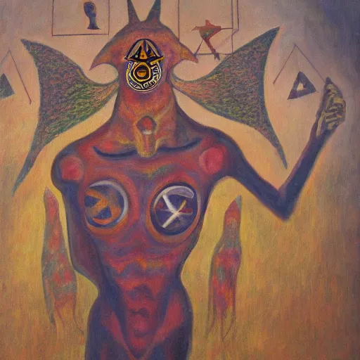 Image similar to portre of an autistic demon on acid, masonic and kabalistic symbols in background, oil painting