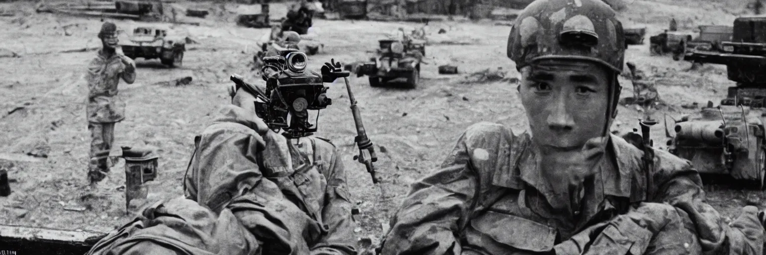 Image similar to detailed sharp photograph in the style of popular science circa 1 9 5 5 and gregory crewdson of close up of a single soldier atop a tank in korean war 1 5 0 mm lens