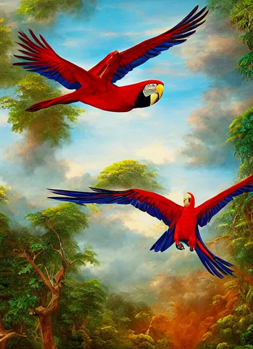 Image similar to a beautiful painting of two macaws flying over the amazon jungle, matte painting, fantasy art, ayahuasca, highly detailed