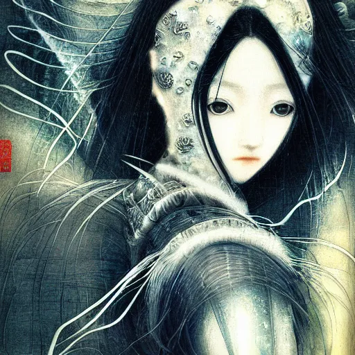 Image similar to yoshitaka amano blurred and dreamy realistic illustration of a japanese woman with black eyes, wavy white hair fluttering in the wind wearing elden ring armor with engraving, abstract patterns in the background, satoshi kon anime, noisy film grain effect, highly detailed, renaissance oil painting, weird portrait angle, blurred lost edges, three quarter view