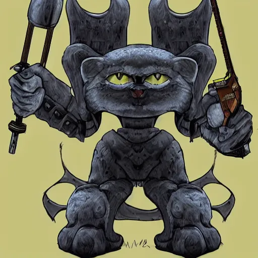 Image similar to a humanoid cat like creature in full body armor, force fields on the armor, yellow eyes, and grey fur with teeth that protrude past their lower jaw holding rifles