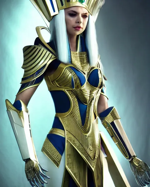 Image similar to perfect white haired attractive egyptian goddess, warframe armor, pharaoh headdress, beautiful, symmetric, dreamy, half asian, pretty face, green eyes, charlize theron, detailed, scifi platform, laboratory, experiment, 4 k, ultra realistic, epic lighting, android body, illuminated, cinematic, masterpiece, art by akihito tsukushi, voidstar