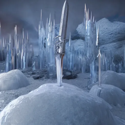 Image similar to ice spikes are summoned from the ground by magic, impalement knights by ice spikes, octane render, unreal engine