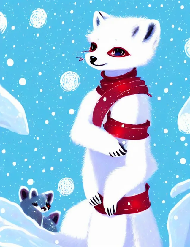 Prompt: a cute anthropomorphic arctic fox girl anthro wearing red ribbons, winter park background, very anime!!! kawaii!! furry!! intricate details, aesthetically complementary colors, scenic background, art by rising artists with a radically new style. trending on artstation, top rated on pixiv and furaffinity