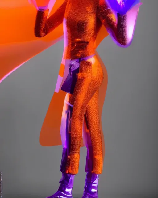 Image similar to full body shot of sophie turner dressed in orange purple futuristic cyberpunk clothing, soft diffused light, bjork aesthetic, translucent, by rineke dijkstra and artgerm, intricate details, highly detailed, masterpiece, 8 5 mm