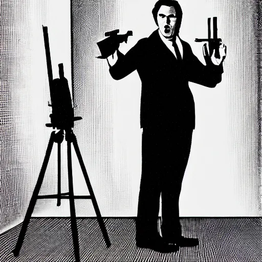 Image similar to A man in a black suit in a living room at night pointing a silenced gun at the camera, movie scene, dark