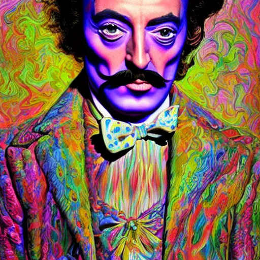 Prompt: an extremely psychedelic portrait of salvador dali as willy wonka, surreal, lsd, face, detailed, intricate, elegant, lithe, highly detailed, digital painting, artstation, concept art, smooth, sharp focus, illustration,