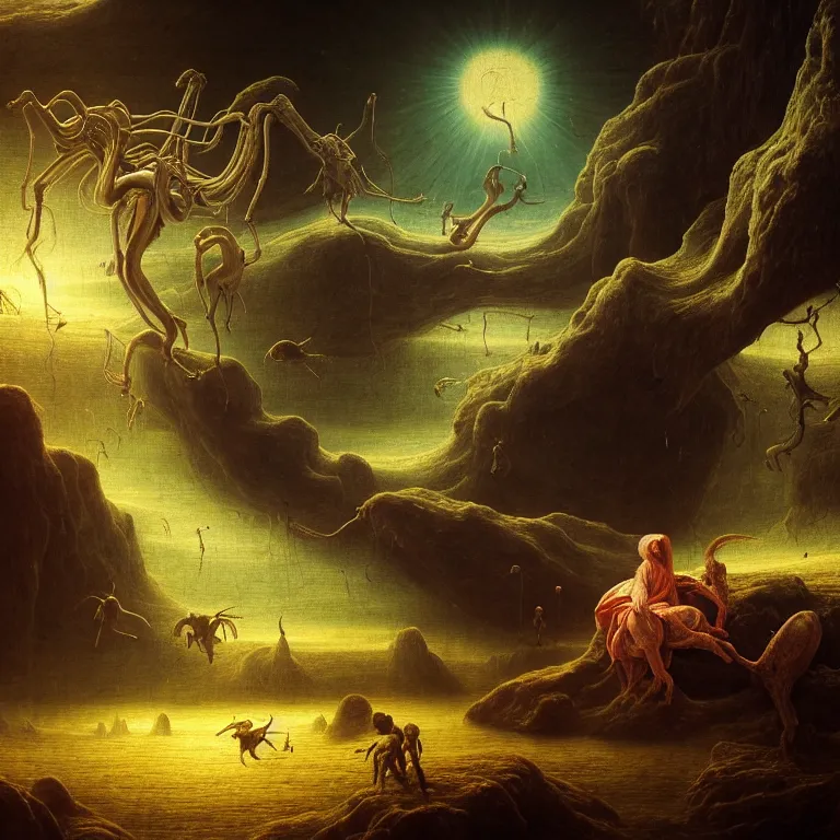 Prompt: aliens in haywain painting, beautiful atmosphere, colorful, pastel colors, neoclassic, baroque painting, beautiful detailed intricate insanely detailed octane render trending on artstation, 8 k artistic photography, photorealistic, volumetric cinematic light, chiaroscuro, hieronymus bosch, alex grey, raphael, caravaggio, beksinski, giger, rembrandt