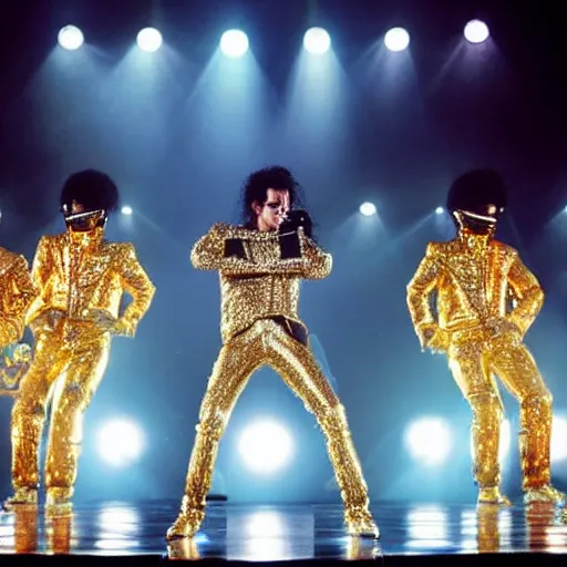 Image similar to michael jackson standing on stage live at the indoor o 2 arena wearing a sparkling gold and diamond outfit with large thin shoulder pads doing a concert, multiple flashing lights and colorful spotlights, beautiful photography, cinematic, award - winning photo, highly detailed, this is it