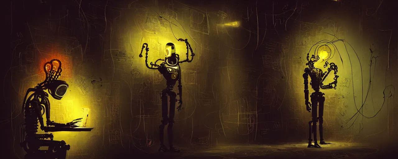 Image similar to dark scifi illustration 3 / 4 portrait of a robot reading necronomicon. cinematic lighting mad scientist style. golden ratio accidental renaissance. in the style of dave mckean and jean michel basquiat. graffiti art, scifi, fantasy, hyper detailed. octane render. concept art. trending on artstation