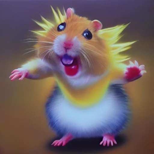 Image similar to hamster going super saiyan, oil painting