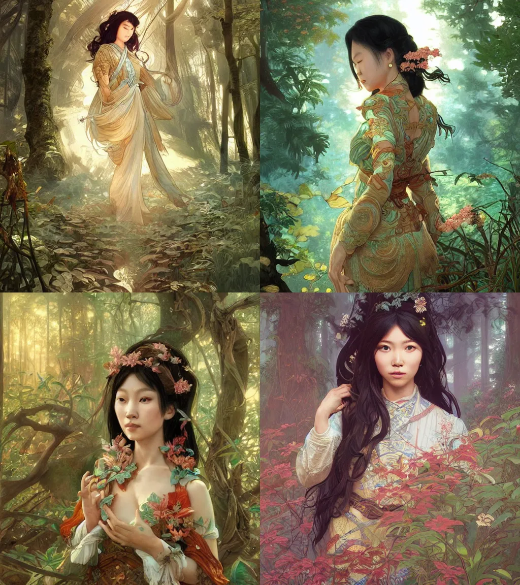 Prompt: beautiful cottagecore Asian woman, intricate, magical forest, stunning, highly detailed, digital painting, artstation, concept art, smooth, sharp, focus, illustration, art by artgerm and greg rutkowski and alphonse mucha