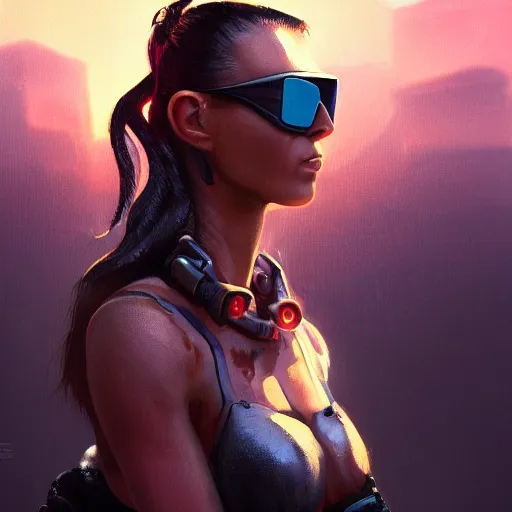 Prompt: closeup portrait of a female mercenary, sunglasses, shag hair, claws instead of fingernails, cyberpunk, sunset, neuromancer, city background, gorgeous view, high detail, digital art, chiaroscuro, painted by igor kieryluk and greg rutkowski, trending on artstation