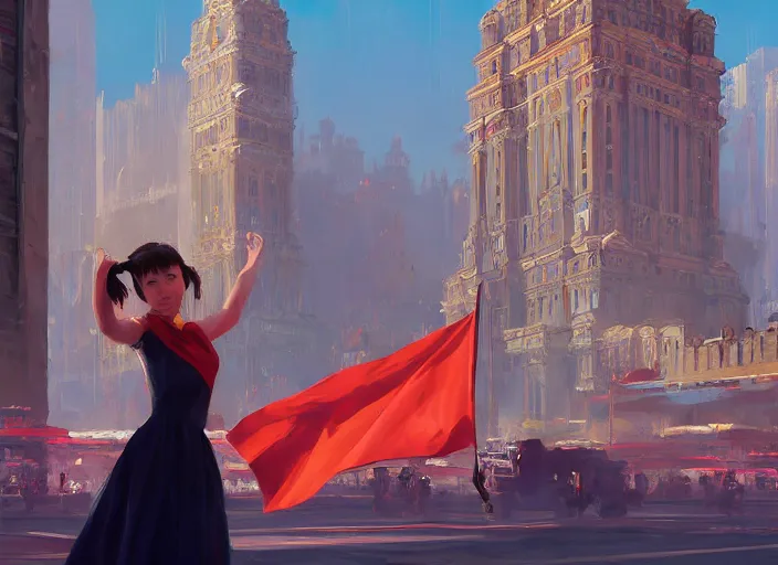 Prompt: gorgeous inspiring girl enthusiastically waving a red flag over her head to inspire people in a Mandelbrot fractal bustling Moscow City by Craig Mullins, ilya kuvshinov, krenz cushart, artgerm trending on artstation by Edward Hopper and Dan Mumford and WLOP and Rutkovsky, Unreal Engine 5, Lumen, Nanite