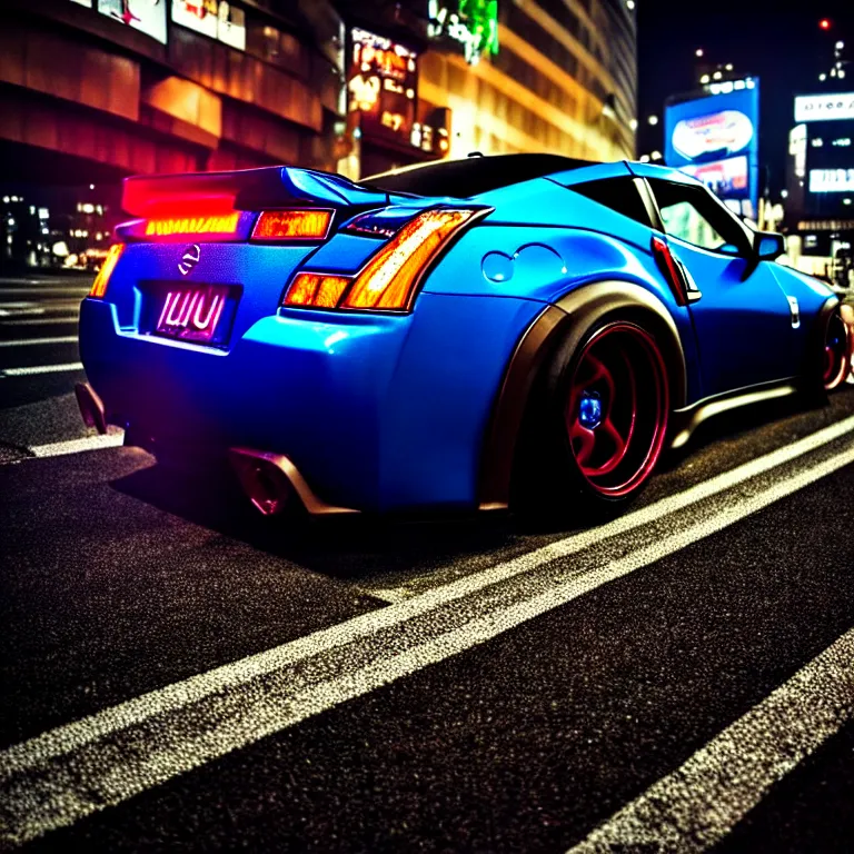 Image similar to close-up-photo Nissan Z32 turbo illegal roadside night meet, work-wheels, Shibuya Shibuya, cinematic colors, photorealistic, highly detailed, night photography