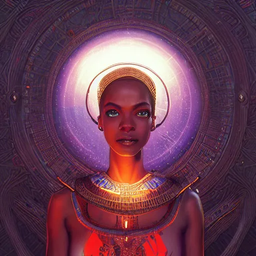 Image similar to highly detailed portrait of an african neon egyptian goddess, intricate alien technology, stephen bliss, unreal engine, fantasy art by greg rutkowski, loish, rhads, ferdinand knab, makoto shinkai and lois van baarle, ilya kuvshinov, rossdraws, tom bagshaw, global illumination, radiant light, detailed and intricate environment