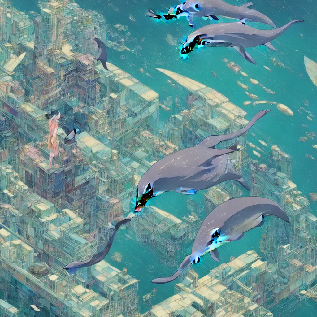 Image similar to a beautiful hyperdetailed character design 4 k wallpaper illustration of a cute dolphin, city by the sea, victo ngai cyberpunk style, from china, style of studio ghibli, makoto shinkai, raphael lacoste, louis comfort tiffany, artgerm, james jean, ross tran, chinese style