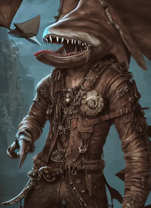 Image similar to detailed full body concept art illustration matte painting of an anthropomorphic shark pirate in full intricate clothing, ultra detailed, digital art, octane render, 4K, dystopian, micro details