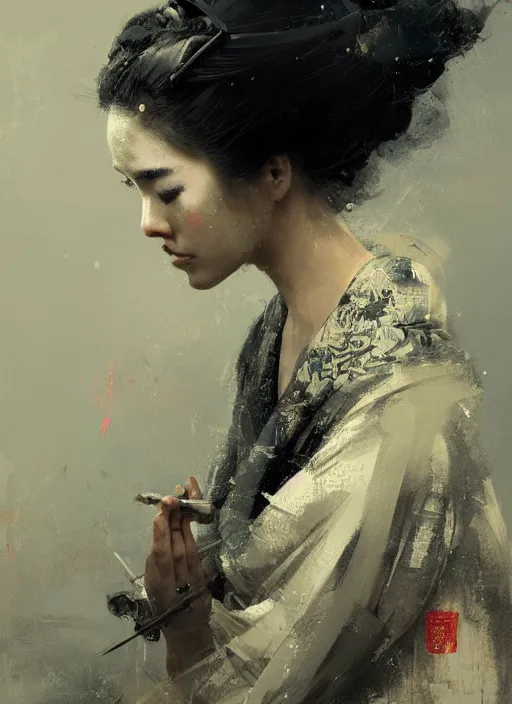 Image similar to female geisha girl, beautiful face, rule of thirds, intricate outfit, spotlight by greg rutkowski, by jeremy mann, digital painting