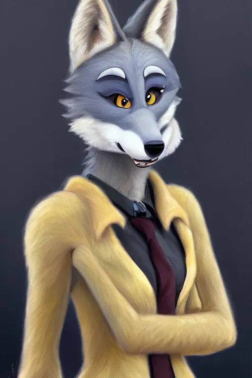 Image similar to oil painting of anthromorphic female wolf, in style of zootopia, female fursona, furry, furaffinity, 4 k, deviantart, furry art, fursona art, wearing black business suit, business suit, wolf fursona, female, very expressive detailed feminine face,