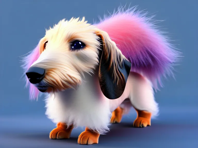 Image similar to high quality 3 d render hyperrealist very cute fluffy dachshund dog, plush mascot, long spiky fluffy hair, photo from the side, multi pastel colors, vray, smooth background, artstation, ultra detailed
