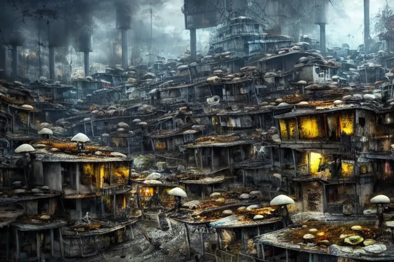 Prompt: favela mushroom beehive, fungus environment, industrial factory, apocalyptic, award winning art, epic dreamlike fantasy landscape, ultra realistic,