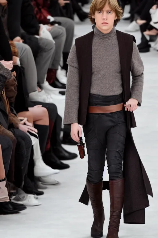 Prompt: 2 3 year old luke skywalker models for chanel, on the runway, fashion photoshoot, full body, chanel boots, chic, beautiful color grading, confident, highly detailed, beautiful photo