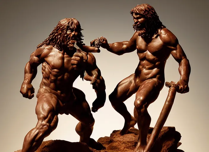 Image similar to a full figure rubber sculpture of a small conan the barbarian fighting a giant troll, by Michelangelo, dramatic lighting, rough texture, subsurface scattering, wide angle lens