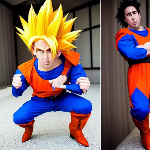 Image similar to nicholas cage wearing a goku from dragon ball z cosplay. photography. 4 k. photoshoot. full body.