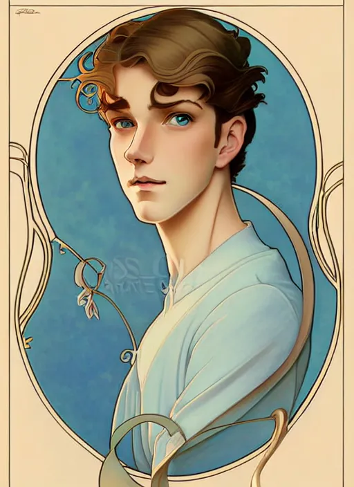 Image similar to art nouveau portrait of a pretty young man with short blond hair, light blue eyes, sad expression, natural lighting, path traced, highly detailed, high quality, cartoon, digital painting, by don bluth and ross tran and studio ghibli and alphonse mucha