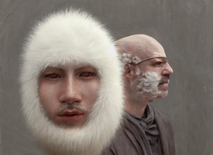 Image similar to man with face made out of white fur, exterior airport, portrait face, in the style of jeremy enecio, intricate, miles johnston, monet, cynical realism, john william godward, painterly, yoshitaka amano, miles johnston, louise zhang, pekka halonen, finnish naturalism, realism