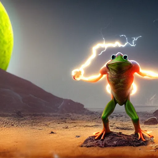 Image similar to a frog solider with muscles standing on two feet and lifting a planet, cinematic lightning, 8 k, octane, digital art, matte painting, vivid colors