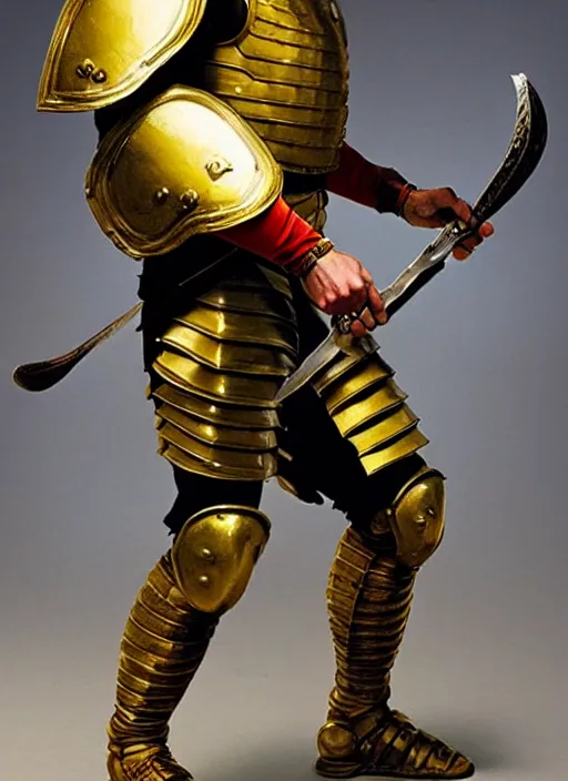 Image similar to muscular roman soldier with sword by simon bisley and greg rutkowski, full body gold plate armor! dynamic battle pose, vivid color scheme