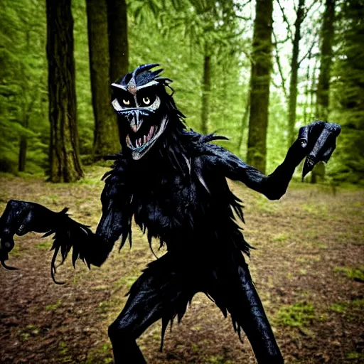 Image similar to werecreature consisting of a human and crow, photograph captured in a forest