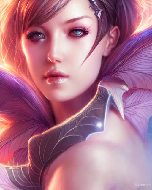 Image similar to 3 / 4 view of a woman with fairy wings, confident pose, pixie character, video game genshin impact, manga cover, intricate, elegant, sharp focus, illustration, highly detailed, concept art, matte, magali villeneuve, artgerm, trending on artstation