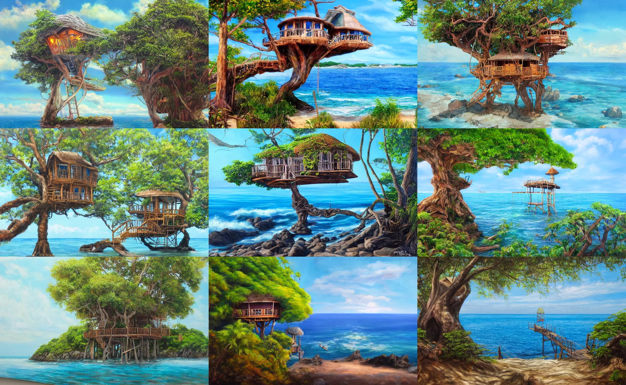 Prompt: photorealism painting of a mystical island treehouse on the ocean