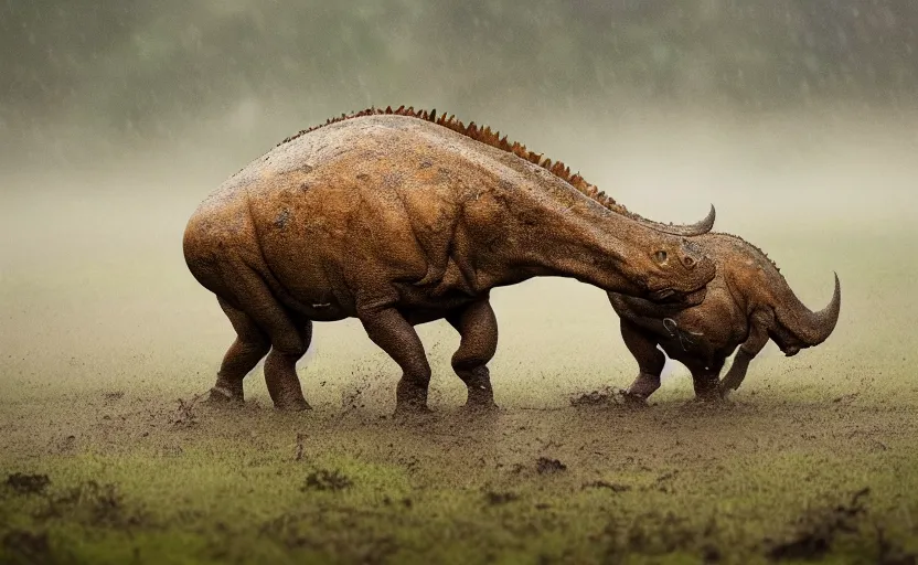 Image similar to nature photography of a rain soaked triceratops and her baby, african savannah, rainfall, muddy embankment, fog, digital photograph, award winning, 5 0 mm, telephoto lens, national geographic