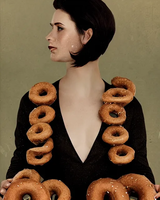 Prompt: half body portrait of juliana, in an outfit made from donuts, black hair, freckles, pale skin, photo by greg rutkowski, high fashion, risque, female beauty, intricate detail, elegance, sharp shapes, soft lighting, vibrant colors, masterpiece