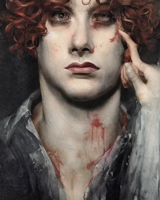 Prompt: a beautiful but sinister young man in layers of fear, with haunted eyes and curly hair, 1 9 7 0 s, seventies, delicate embellishments, a little blood, painterly, offset printing technique, mary jane ansell