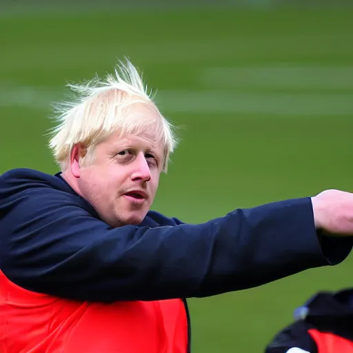 Image similar to a photo of Boris Johnson playing soccer in a Premier League match