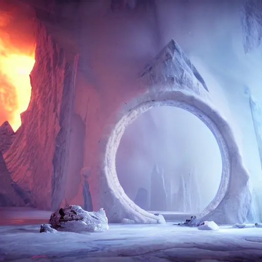 Image similar to a portal from the ice world to the fire world, both can seen, unreal engine fantasy art, fantasy digital art, octane render, beautiful composition, trending on artstation, award-winning photograph, masterpiece