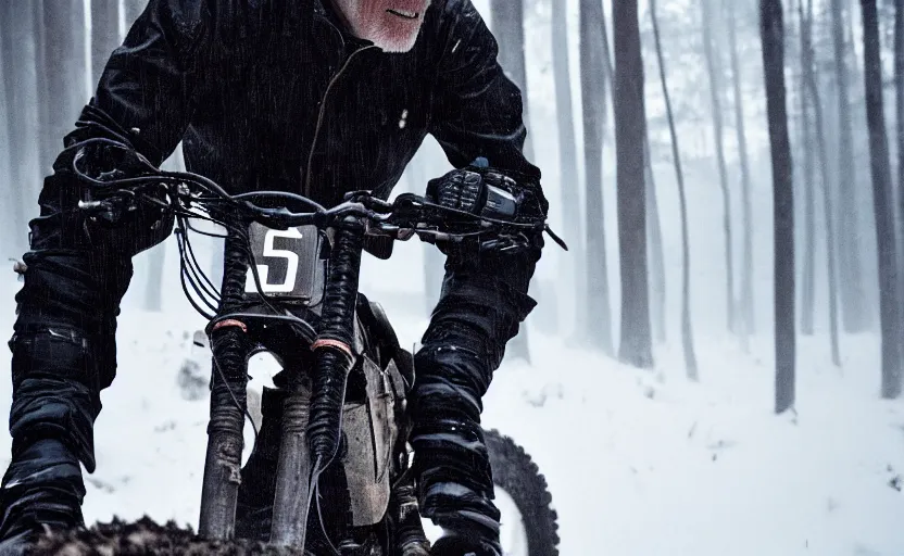Image similar to cinestill 5 0 d candid photographic portrait by steve mccurry of joe biden wearing rugged black mesh techwear riding on a dirtbike through a deep forest, extreme closeup, modern cyberpunk moody emotional cinematic, snow storm, 8 k, hd, high resolution, 3 5 mm, f / 3 2, ultra realistic faces, ex machina