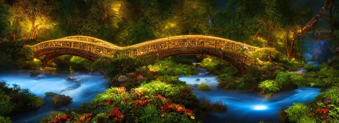 Image similar to photograph of enchanted garden, blue river in the middle, 1 glowing bridge crossing river, plants with intricate detail, by marc adamus, highly detailed, intricate detail, cinematic lighting