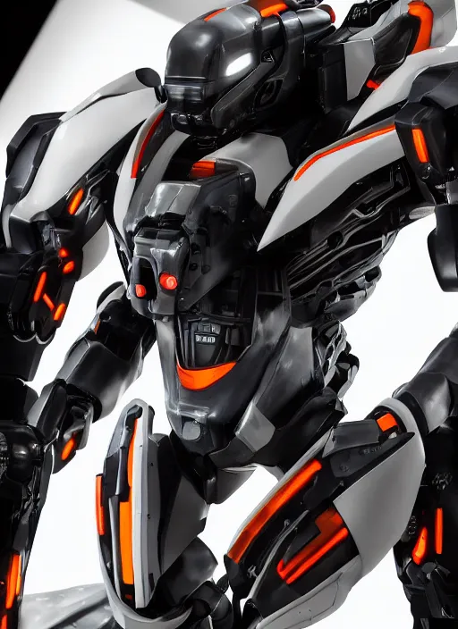 Image similar to a Photorealistic dramatic hyperrealistic full frame render of a Sleek futuristic exosuit Freedom Formula Racing Mech,Ultra realistic details,glossy white metal,Orange racing stripes,weathered surfaces,by Hidetaka Tenjin,Yoh Yoshinori,Yoji Shinkawa,Masamune Shirow,Beautiful dramatic dark moody tones and lighting,cinematic atmosphere,studio lighting,shadows,dark background, Octane render,8K