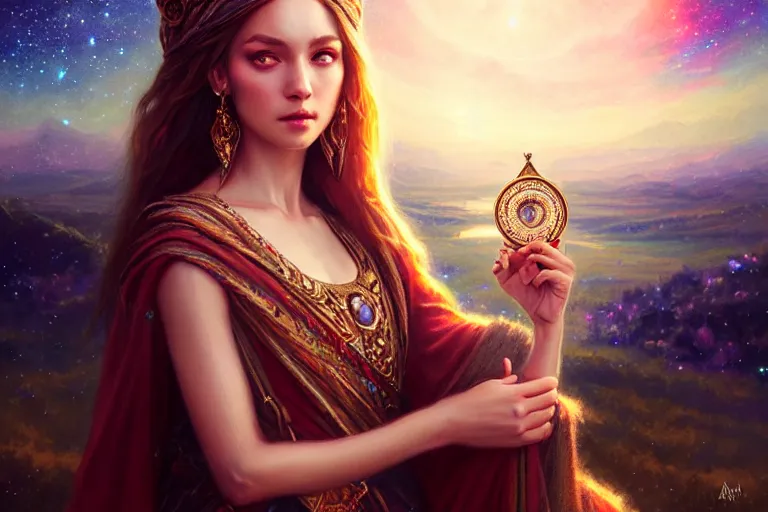 Prompt: masterpiece portrait charming and miracle female luxury astromancer boho accessories in dreamlike movie, high detailed face, art by artgerm, greg rutkowski, sasoura, satchely, big major starry sky and city in background, uhd, medium long shot, fantasy, no distorsion, sharp focus,