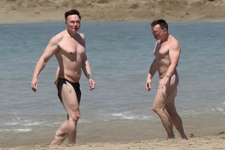 Prompt: Elon musk without shirt swimming in the beach