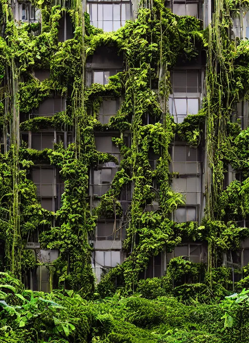 Image similar to “derelict architecture single building , the windows are covered in moss with growing vines, building designed by architect Zaha Hadid, architecture digest, building surrounded in a luxury environment, bright tones, fluorescent lighting,volumetric Lighting, photorealism, high detail, golden ratio, cinematic, octane renderer”