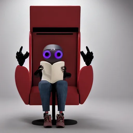 Image similar to futuristic lonely matte brown and red full-body humanoid robot with two huge round expressive sad purple glowing LED eyes and open rectangular mouth sitting on a large comfortable cushioned 1950s vintage recliner reading a newspaper. open newspaper. Cinematic Movie Photograph, Arri Alexa, Extremely Detailed, smooth, very very clean, 8K, octane render, maya render, unreal engine, trending on artstation, DSLR, excellent composition, center frame