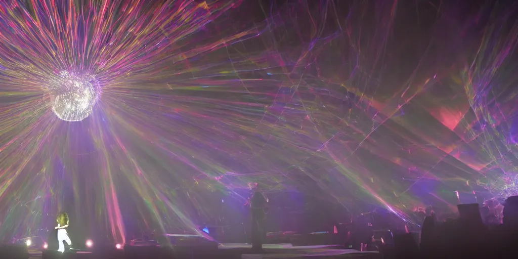 Image similar to Thom Yorke singer songwriter, Radiohead group of people on stage playing instruments, elaborate stage effects, dust, smoke, giant LED screens, colored projections, ultrafine detail, glowing thin wires, smoke, high contrast, projections, a screenshot by David Gilmour Blythe, holography, tesseract, volumetric lighting, anamorphic lens flare